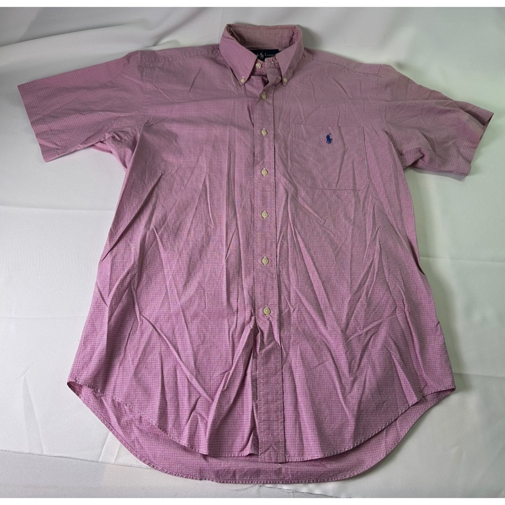 Ralph Lauren Classic Fit Pony Short Sleeve Button Down Shirt Pink Check Mens Med - Picture 2 of 7